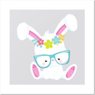 Hipster Bunny, Bunny With Glasses, Rabbit, Flowers Posters and Art